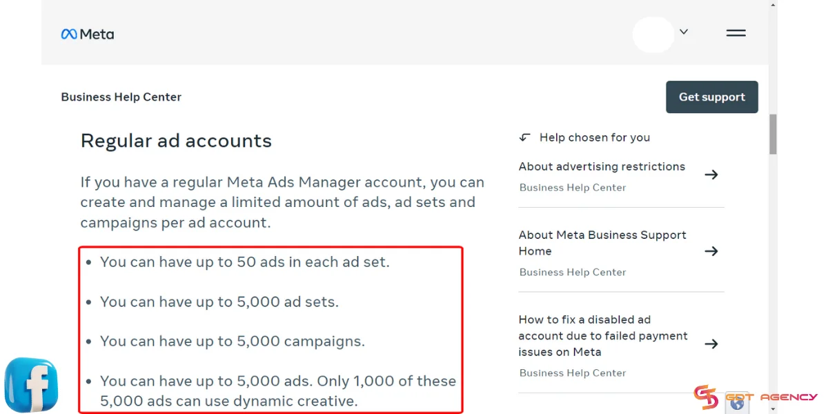 Limits for ads, ad sets, and campaigns in a regular ad account