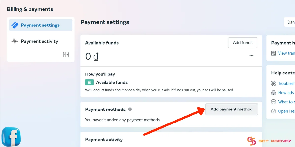 Add payment method in Facebook Ads Manager