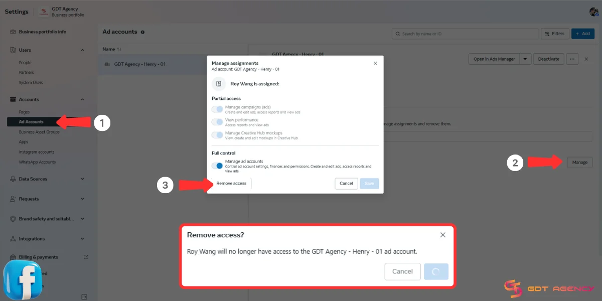 Remove Facebook ad account ownership
