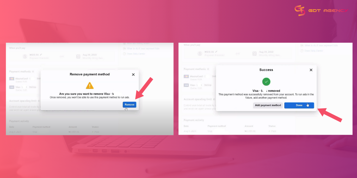 Confirm to remove ad payment method from Instagram