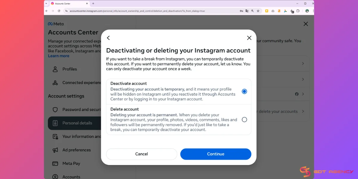 Deactivate an Instagram account