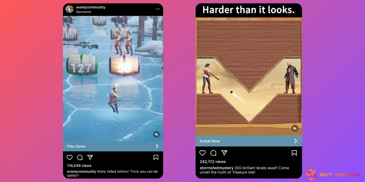 Examples of deceptive and annoying game ads on Instagram