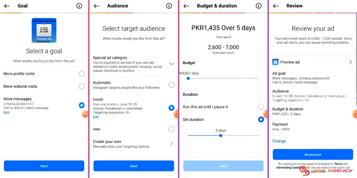 Steps to use ad credit on Instagram app (5-8)