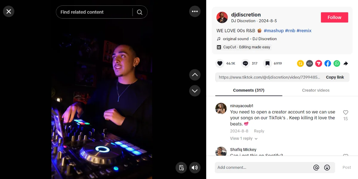 Example of using the #rnb hashtag