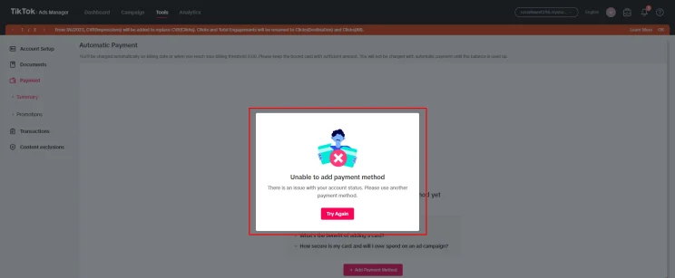 TikTok ad account permanently suspended